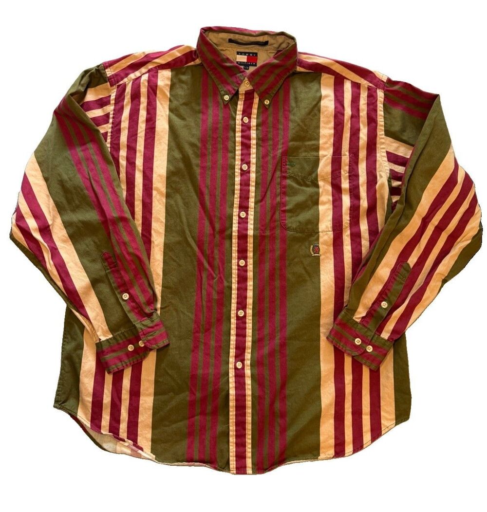 Vintage 90s Tommy Hilfiger Shirt Mens L Large Striped Lion Crest Grandpa Core